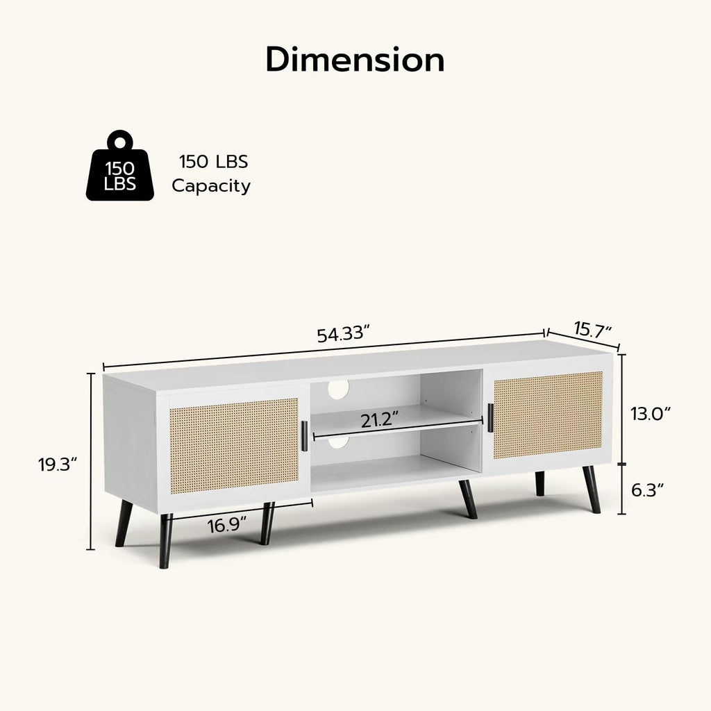 TV Stand with Rattan Doors for TVs up to 65", Mid-Century, White