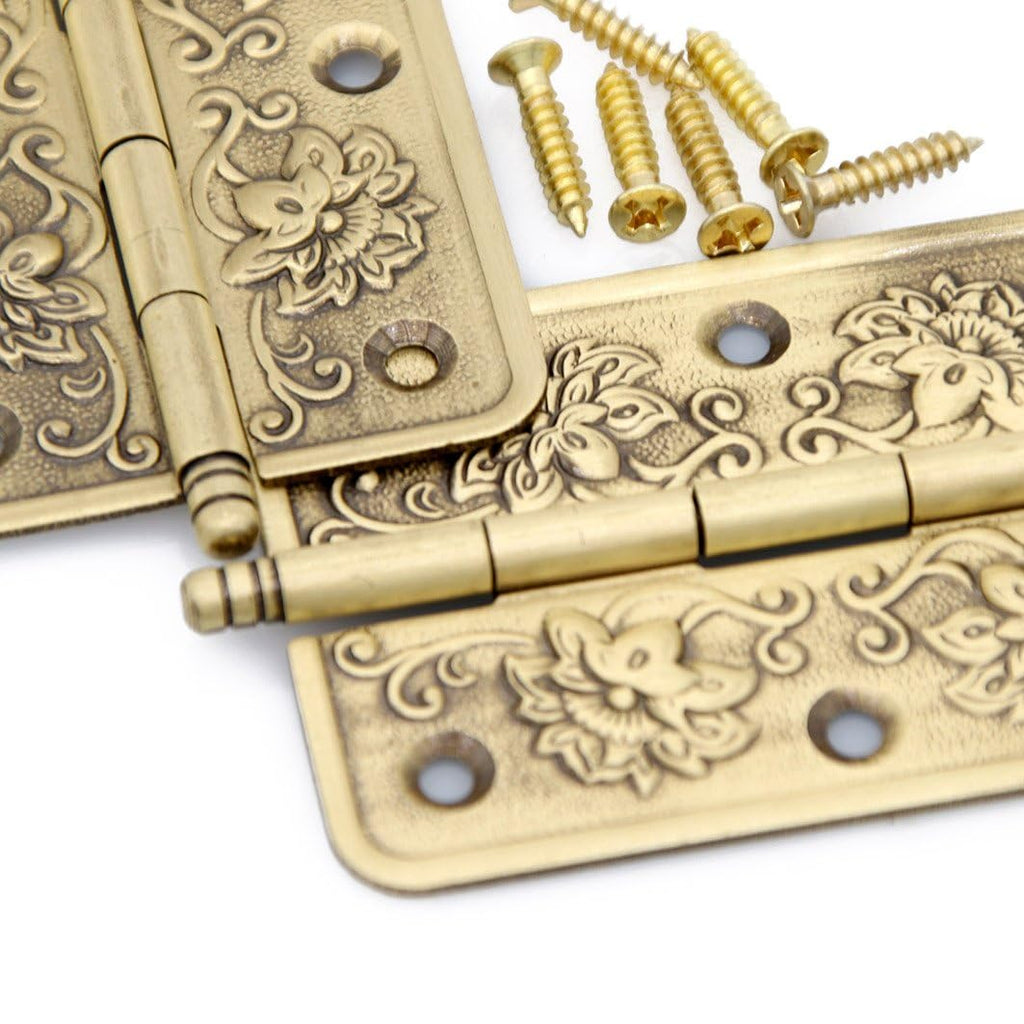 4 PCs Embossed Brass Hinges - Decorative Flap Hinges with Flower Patterns for Wooden Chest Trunck Cabinet Cupboard