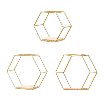 3 Pcs Gold Hexagon Wall Shelves, Floating Decorative Wire Wall Mounted Shelf, Multi-use Geometric Floating Shelves