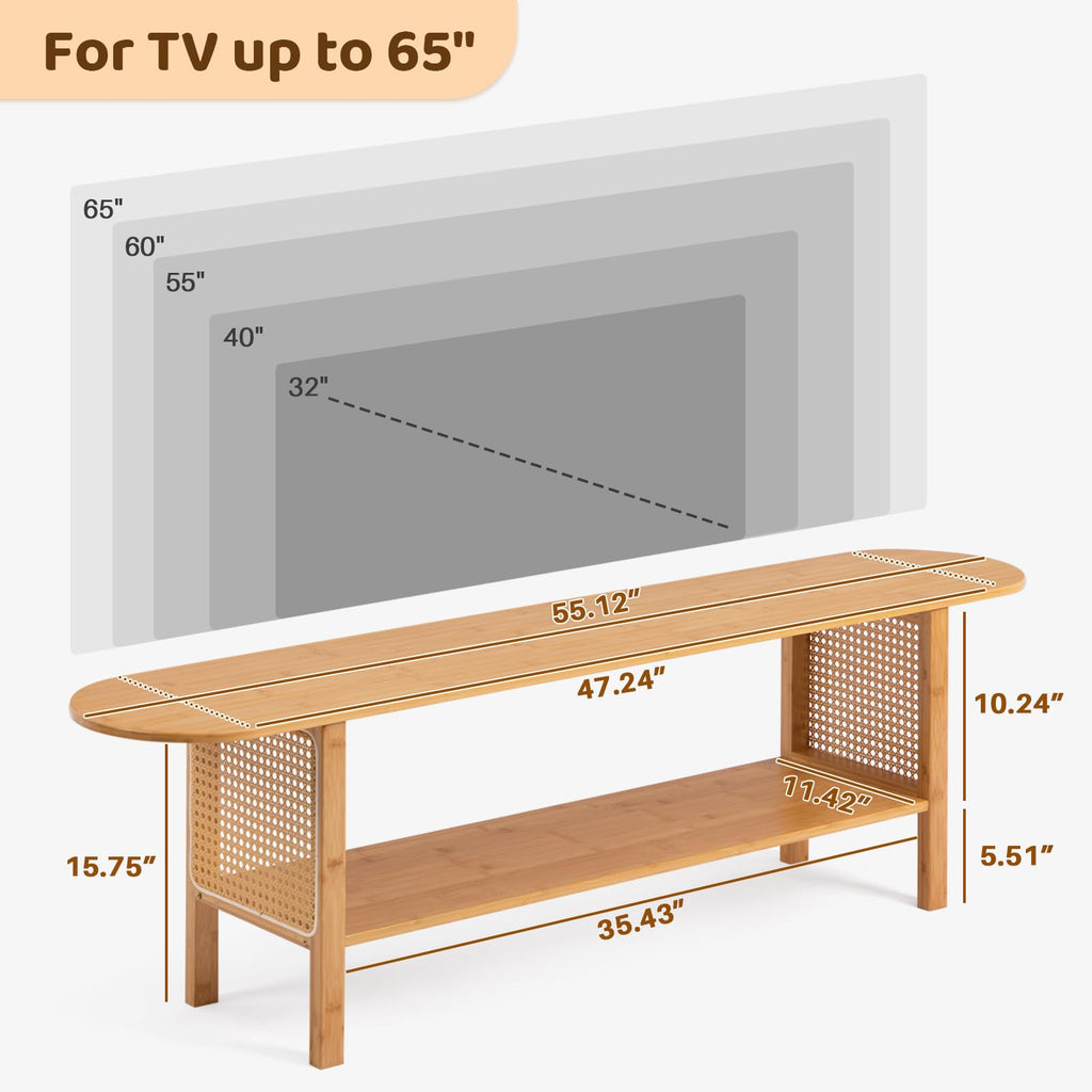 Bamboo TV Stand with Storage for TVs up to 65", Modern Entertainment Center with Rattan Side, Accent TV Table with 2