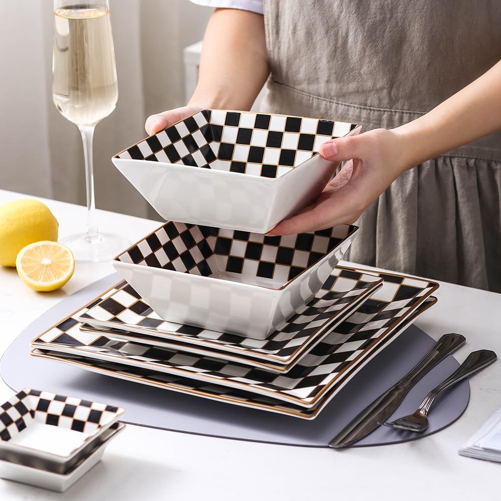 Checker Porcelain Square Dinnerware Set for 4, Dishes Set for 4 with 3.3-inch Dipping Saucers, Black and White Plates