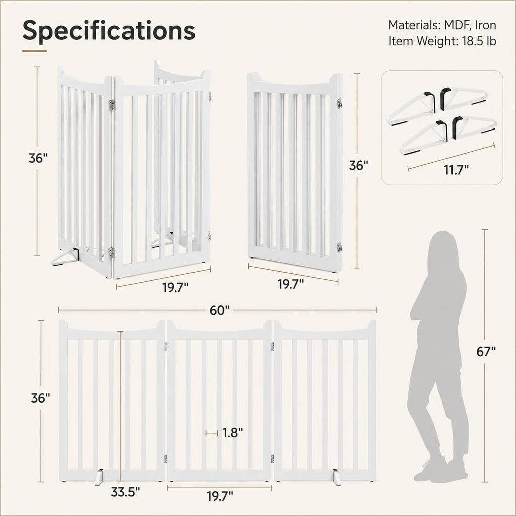 Freestanding Wooden Dog Gate, 3-Panel 36in H Foldable Pet Barrier