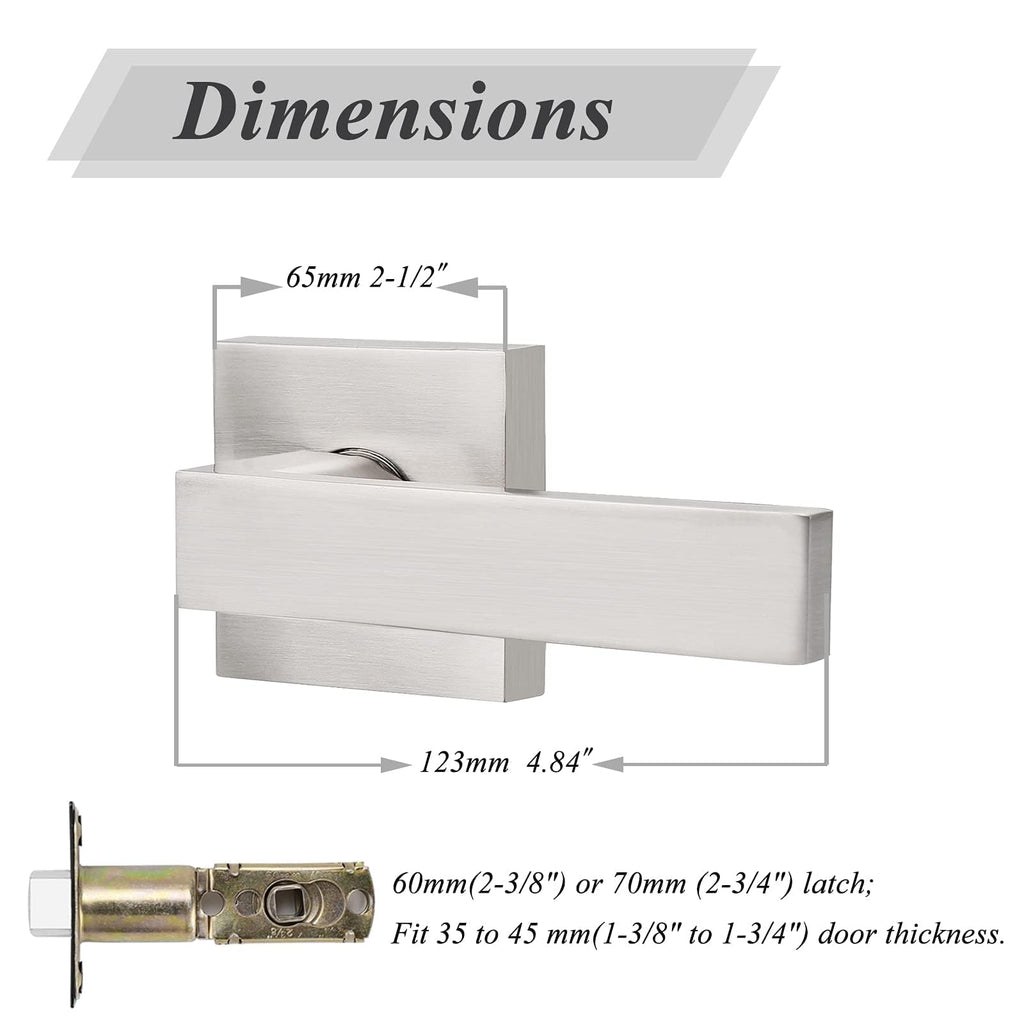 Square Brushed Nickel Passage Door Handles, Interior Non-Locking for Hall & Closet, Heavy Duty Zinc Alloy Reversible