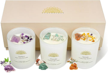 Healing Crystal Candle Gift Set Amethyst, Amazonite & Sunstone Hand-Poured Soy Wax Lavender - Set of 3