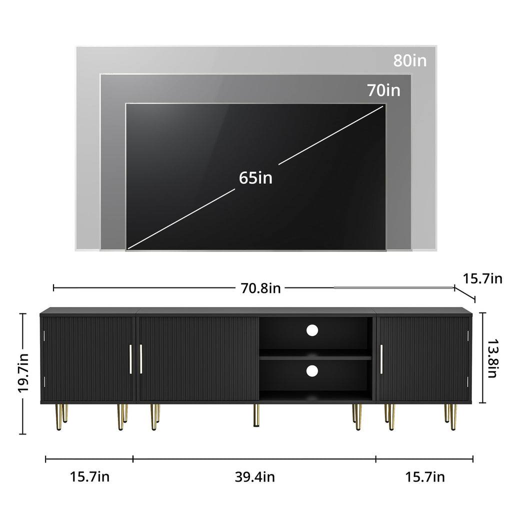 71"Modern Fluted TV Stand for 50/60/70/80 Inch TV, Black