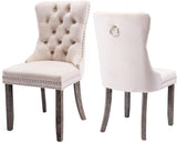 Tufted Velvet Dining Chairs Set of 2, Upholstered Chairs with Nailhead Back and Ring Pull, Solid Wood Legs, Beige