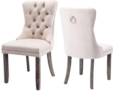 Tufted Velvet Dining Chairs Set of 2, Upholstered Chairs with Nailhead Back and Ring Pull, Solid Wood Legs, Beige