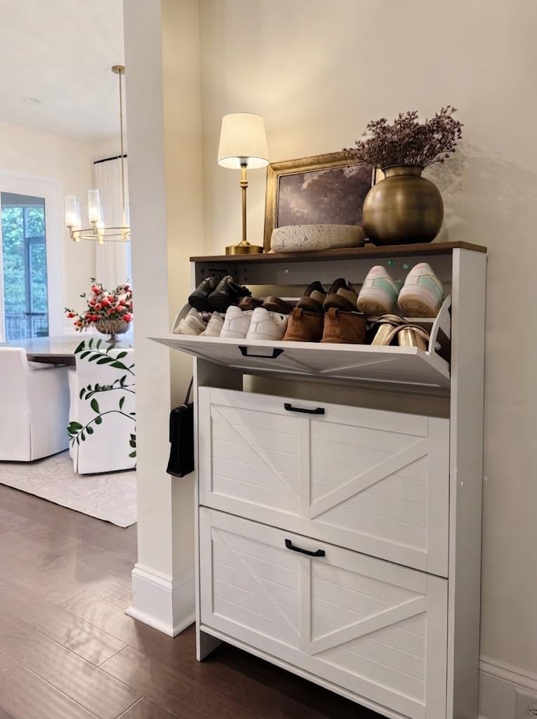 Shoe Cabinet, 3 Flip Drawers & Adjustable Shelves, Ultra Slim Freestanding (9.1" Deep), Holds 30 Pairs, Narrow Shoe