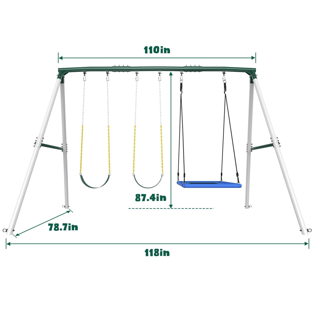 7.3ft Tall Swingset for Backyard with 3 Swings (White & Green)