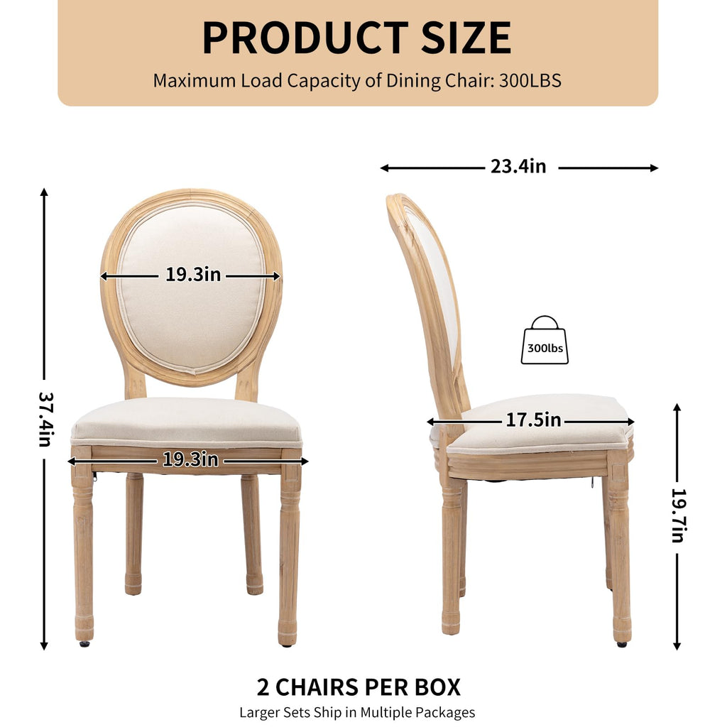 Vintage French Dining Chairs Set of 6, Round Back Accent Chairs with Linen Seat and Solid Wood Frame, Farmhouse