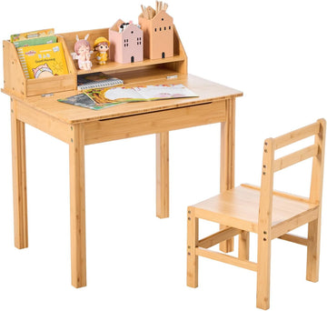 Bamboo Toddler Desk and Chair Set with Lift-Top Storage, Kids Study Table with Hutch and Bookshelf, Writing Reading