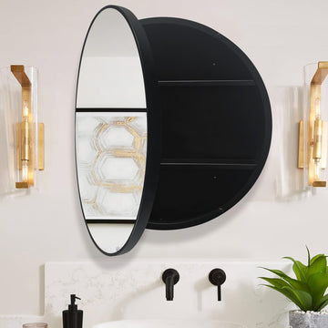 26 inch Round Bathroom Medicine Cabinet with Mirror Surface Mount Metal Framed Farmhouse Black Medicine Cabinets for