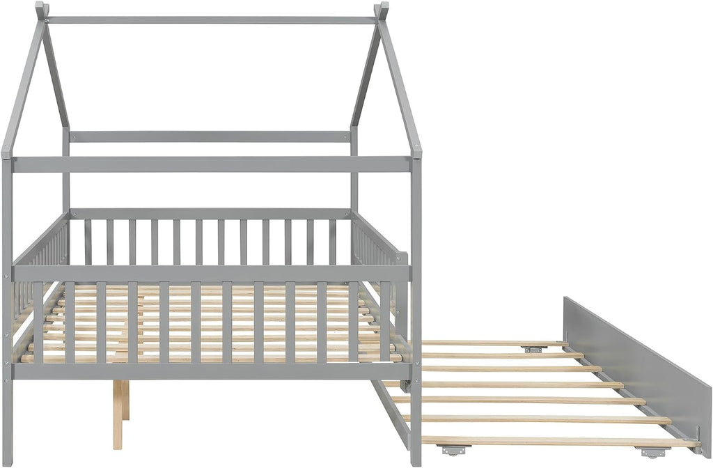 & Bright Designs House Bed with Trundle, Full Size Montessori Bed Frame with Fence Rails and Roof for Kids Girls &