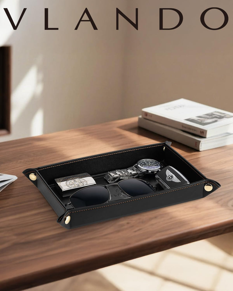 Valet Tray for Men, Foldable PU Leather Catchall Tray, Black