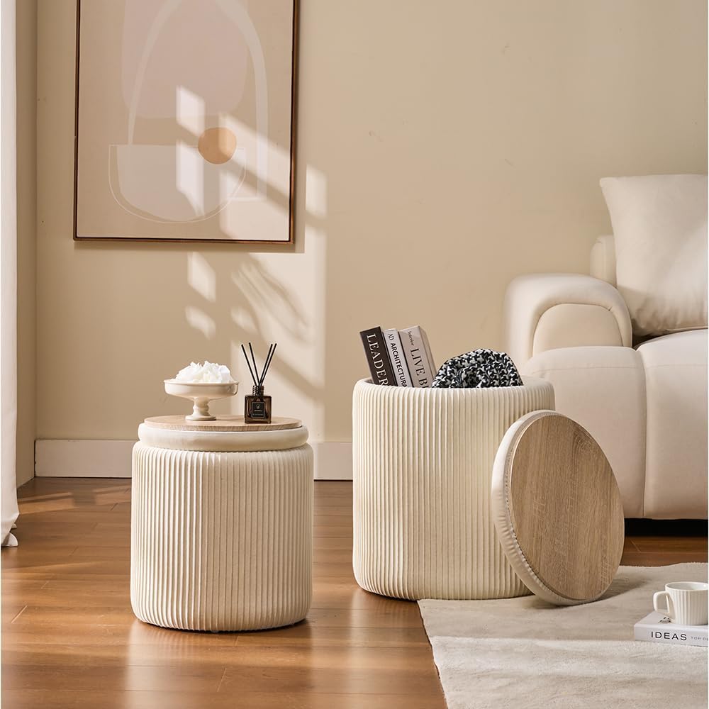 Set of 2 Round Storage Ottoman, White Velvet Ottoman with Storage | Upholstered Padded Vanity Stool, Multifunctional