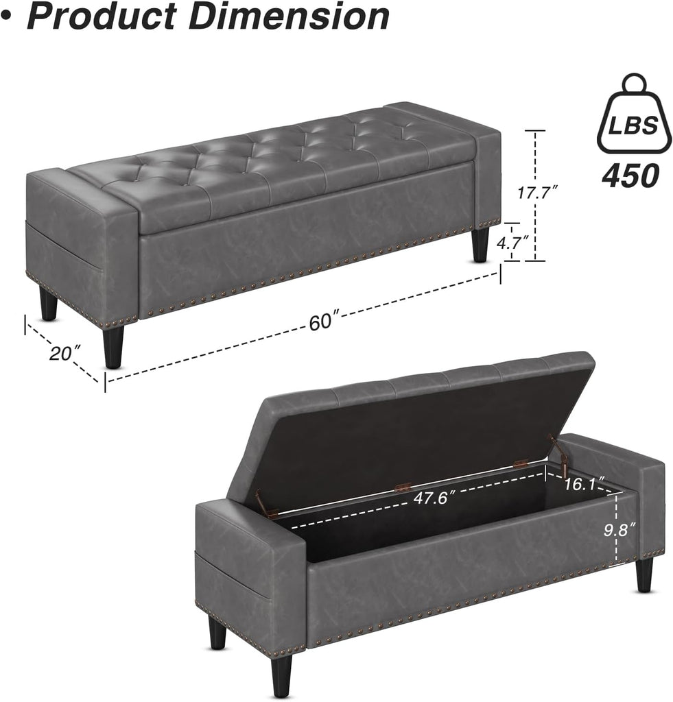 60" Storage Ottoman Bench, Faux Leather Upholstered Bed Bench, Grey | Benches with Tufted Buttons and Nailhead Trim
