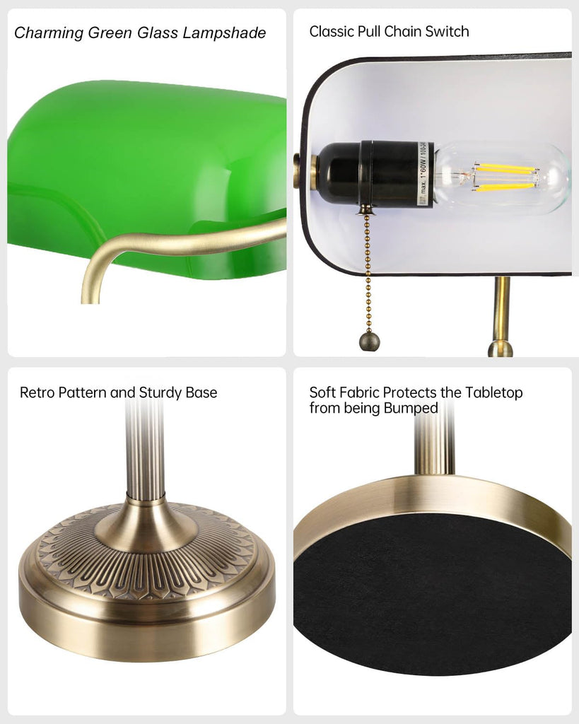Green Glass Bankers Desk Lamp with Pull Chain Switch Plug