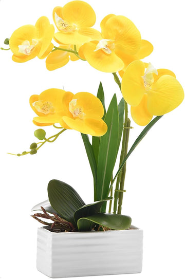 Artificial Real Touch Orchid Flowers with White Ceramic Vase, Yellow