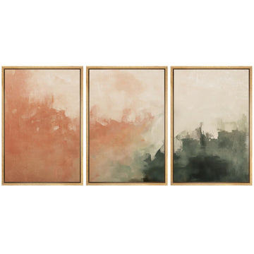Framed Canvas Print Wall Art Set Sunset Mist Abstract Coral and Green Illustrations Modern Art Relax/Calm - 16"x24"x3