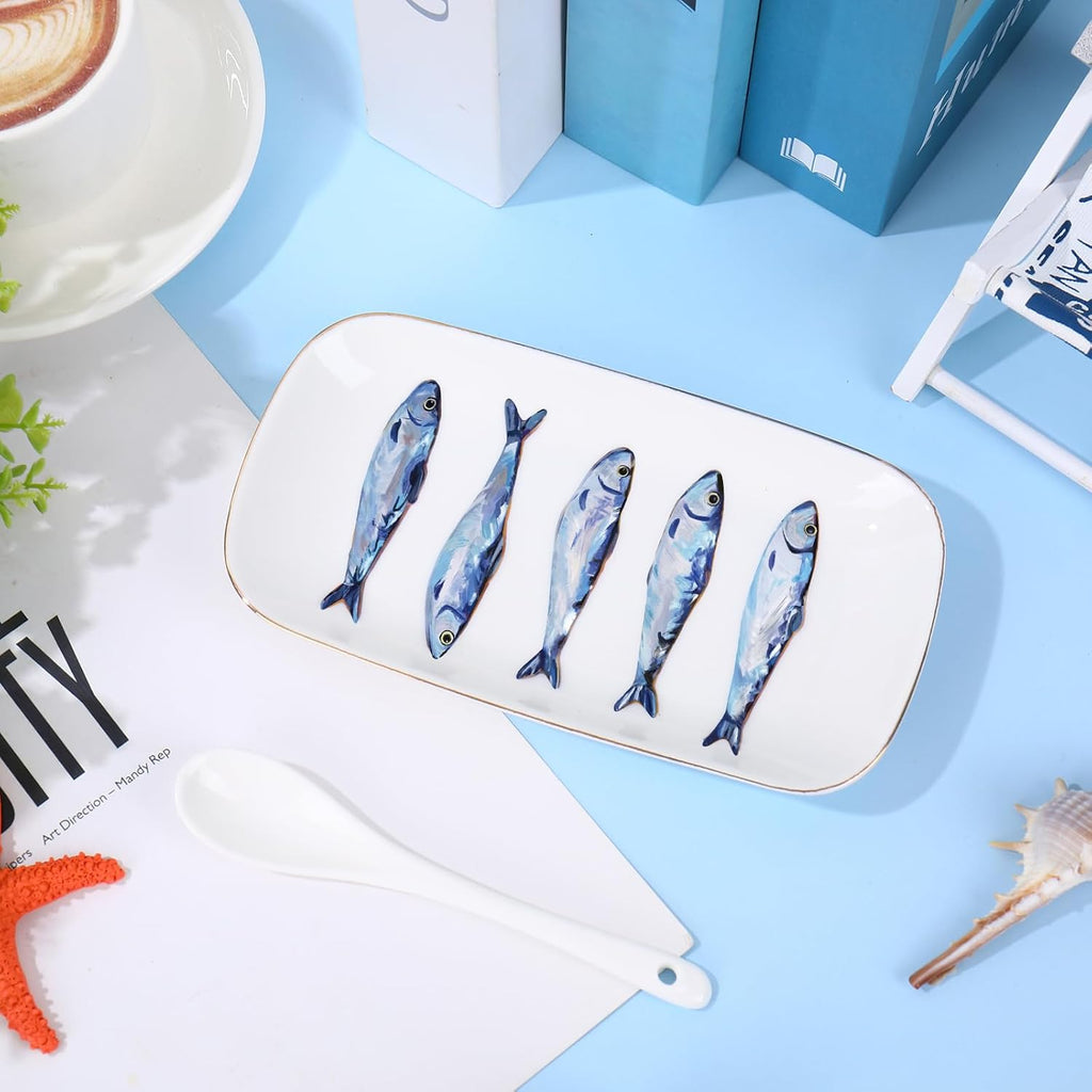 Sardines Trinket Tray Ceramic Jewelry Dish Aesthetic Fish Decorative Key Tray Bathroom Dresser Table Countertop