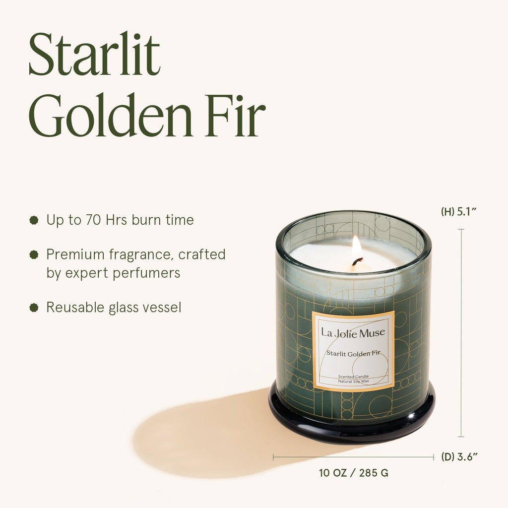 Starlit Golden Fir Scented Candle, Pine, Cedarwood & Fir Balsam, 75-Hour Long Burn, Natural Soy Wax, Decorative Glass