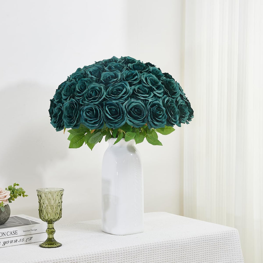 50pcs Emerald Green Roses Artificial Flowers Bulk, Fake Roses Silk Flower with Stems Realistic Flowers for Wedding