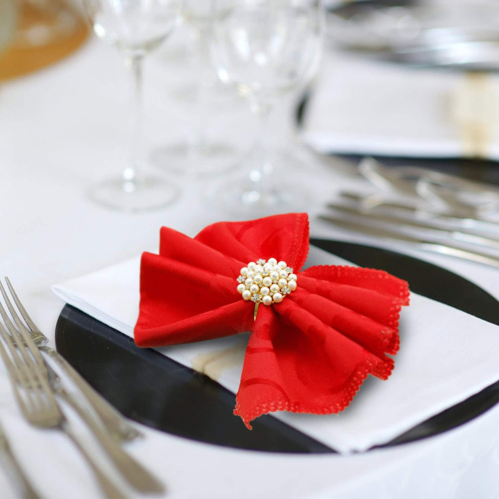 Gold Napkin Rings Pearls and Flower Napkin Buckles - Set of 12