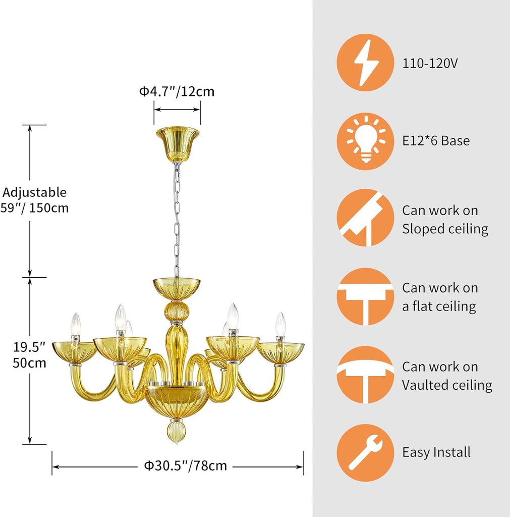 6 Light Crystal Chandelier, Modern Dining Room Light Fixture, Yellowish Green Crystal Pendant Light for Bedroom Livingroom, S Glass Tube, D30xW30xH20, E12 Socket A100-B0DSPRQ2SH