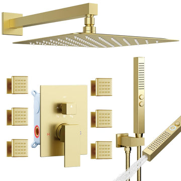 Brushed Gold Shower System with Body Jets, 12 Inch Rainfall Shower System and 2 in 1 Handheld Spray Shower Jets