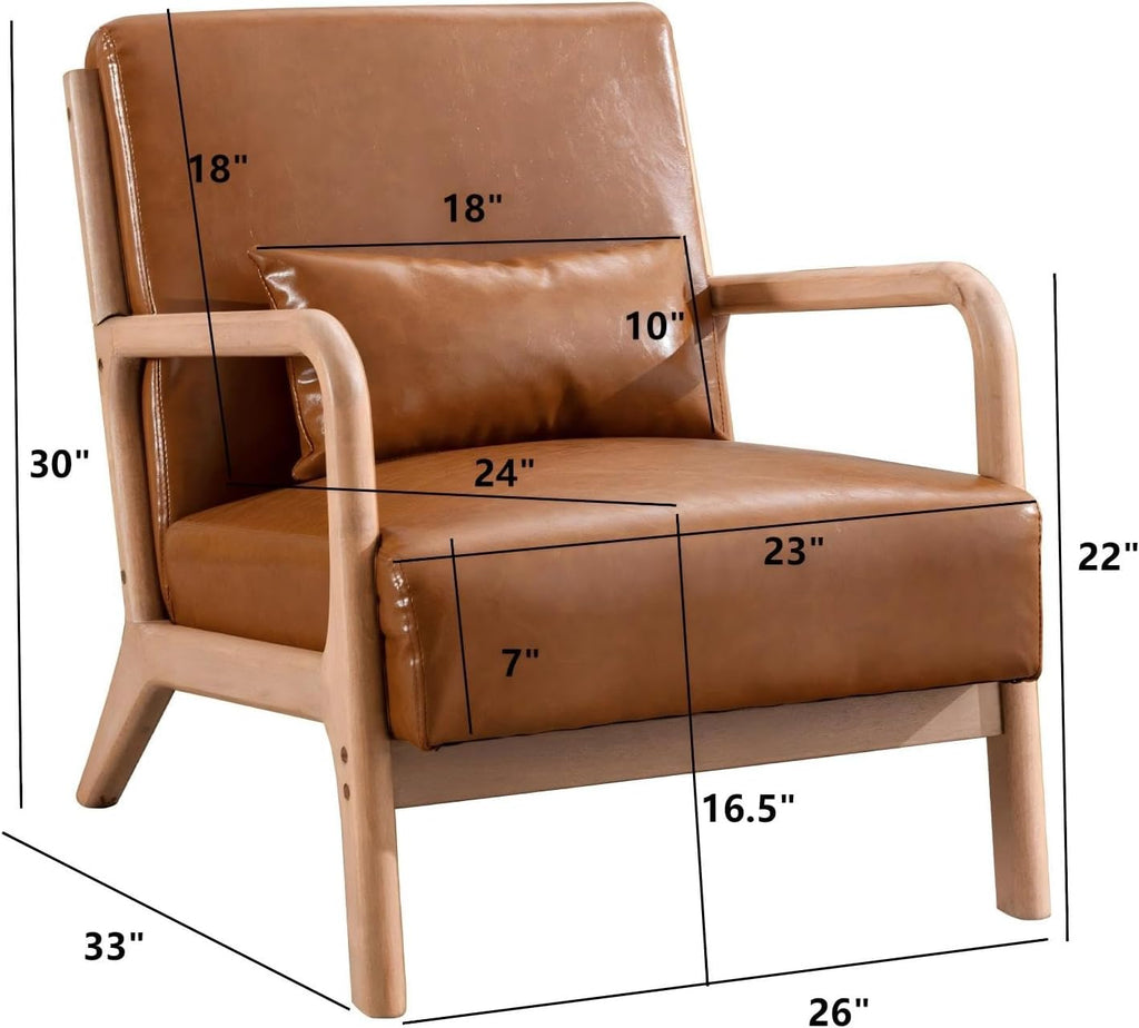 Mid Century Modern Accent Chair with Wood Frame, PU Leather Reading Armchair with Waist Cushion, Upholstered Living