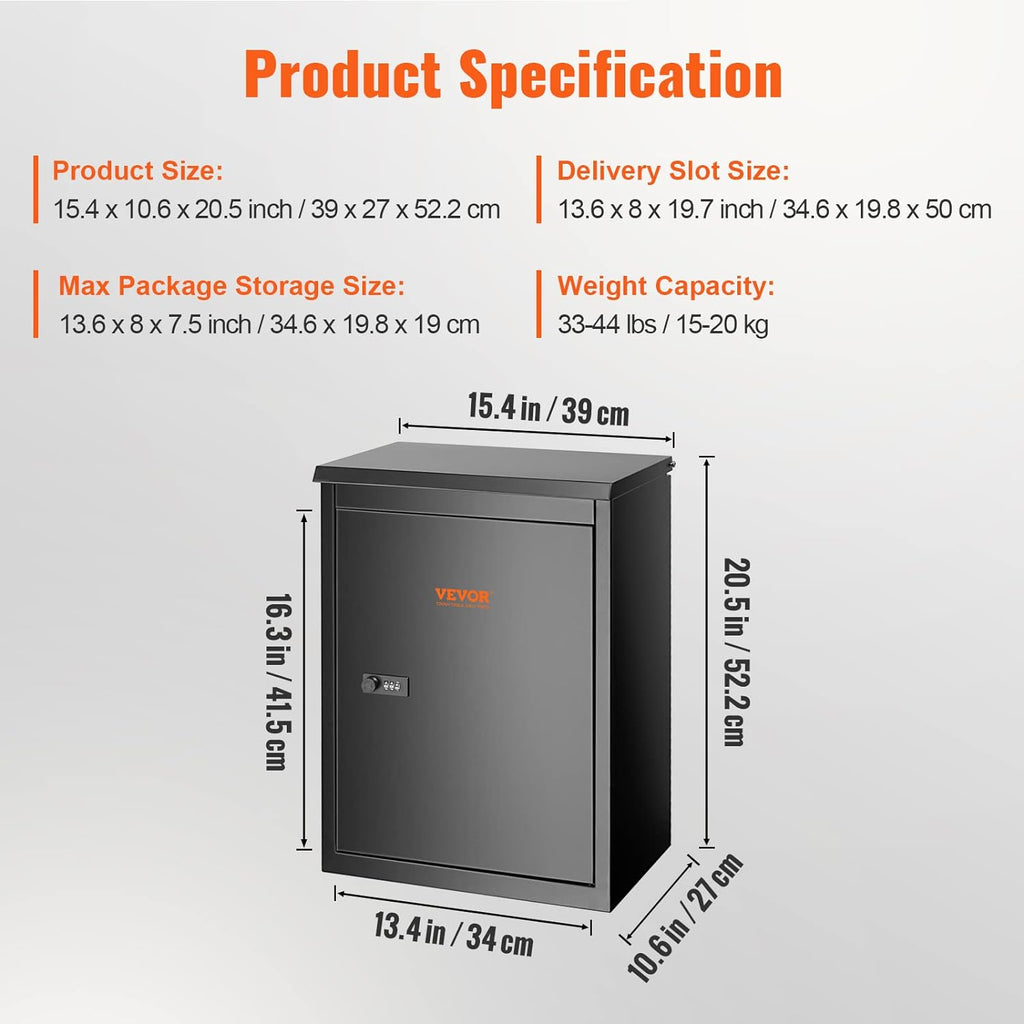 Parcel Drop Boxes 15.4" x 10.6" x 20.5", Galvanized Steel Wall Mount Mailbox with Coded Lock, Anti-Theft Baffle