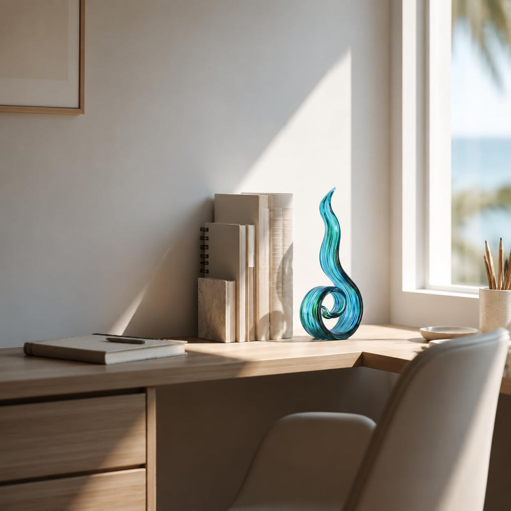 Glass Sculptures Home Decor, Hand Blown Art Glass Statue, Abstract Wave Flame Figurine Shelf Tabletop Entryway