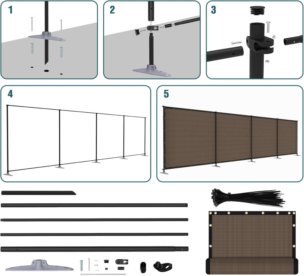 6'Hx24'L Privacy Fence Set with Poles and Rails Ground Spikes Fence Kit for Yard Garden Pool (Brown)