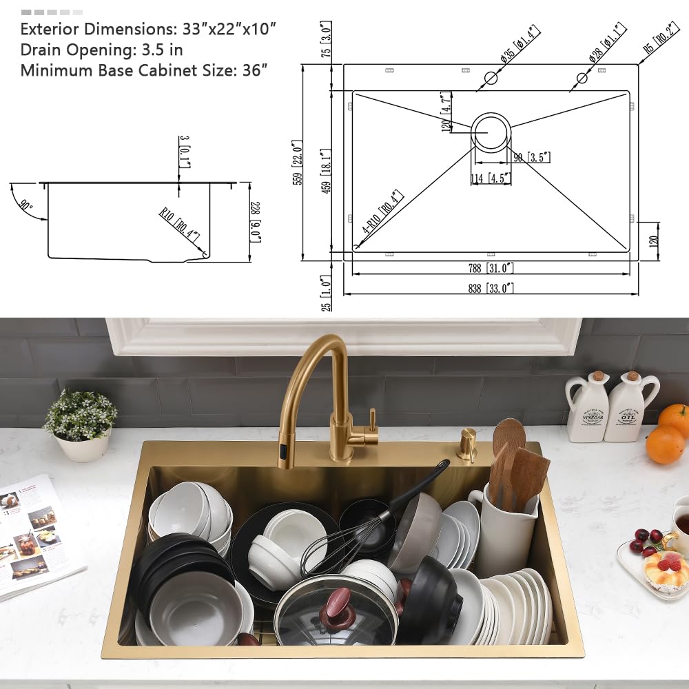33 Gold Kitchen Sink with Faucet Combo Set Drop In Top Mount Sink