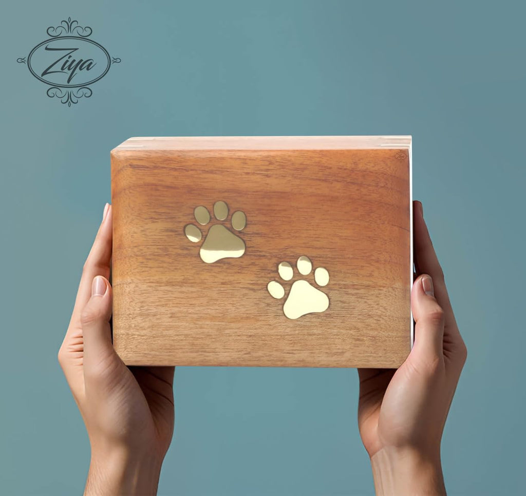 Wooden Small Cremation Pet Urn for Dog and Cat Ashes Box | Handmade Wood Memorial Pet Urn | Brass Paws Inlaid | Pet