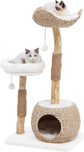 Modern Cat Tree Tower for Indoor Cats, Real Branch Luxury Cat Condo with Scratching Post, Jumping Platforms, Hanging