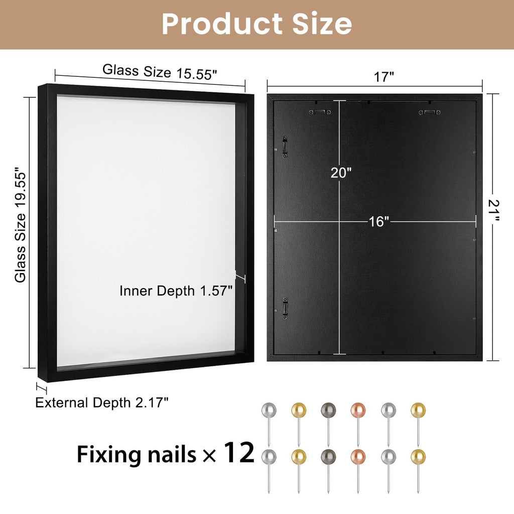 Large 16x20 Shadow Box Frame with Soft Linen Back - Memory Display Case, Shatterproof Plexiglass, 12 Push Pins