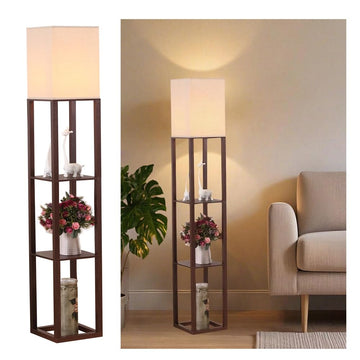 Floor Lamp, Corner Lamp with Shelves, Floor Light, Wood, Brown