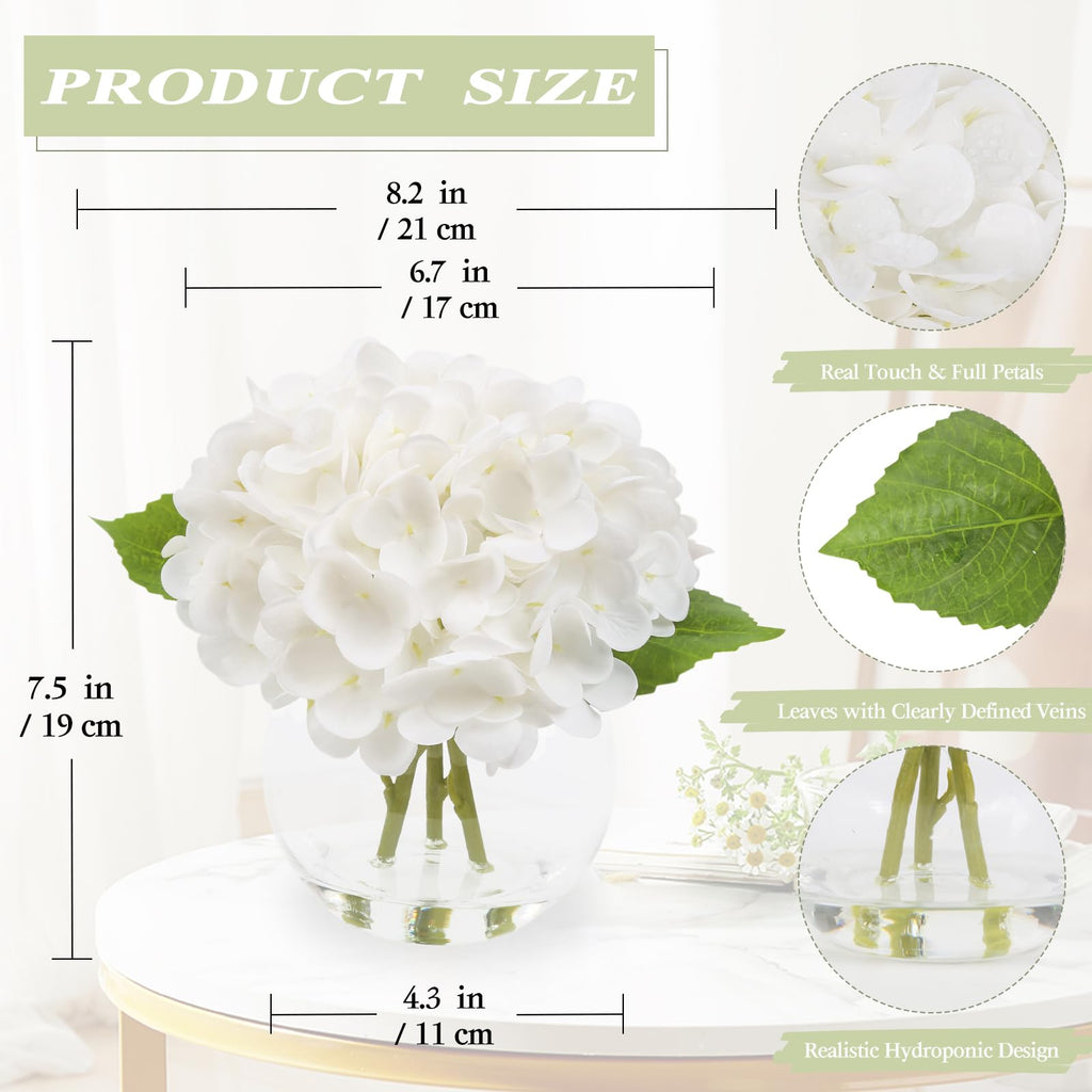 Real Touch Hydrangea Artificial Flowers with Vase, White Hydrangea Fake Flowers Arrangements in Glass Vase with Faux