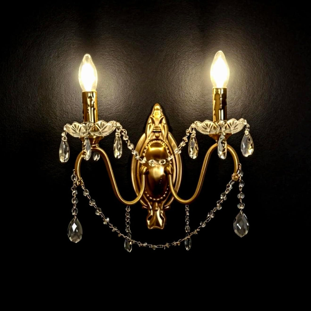 French Vintage Crystal Wall Sconce, Victorian 2-Light Gold Iron Finish, E12 Traditional Candle Style Wall Lamp for