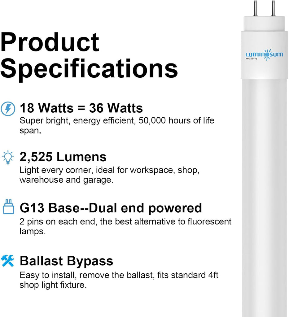 T8 LED Bulbs 4 Foot 18W, Film Coating Glass Tube, 5000K 10 Pack