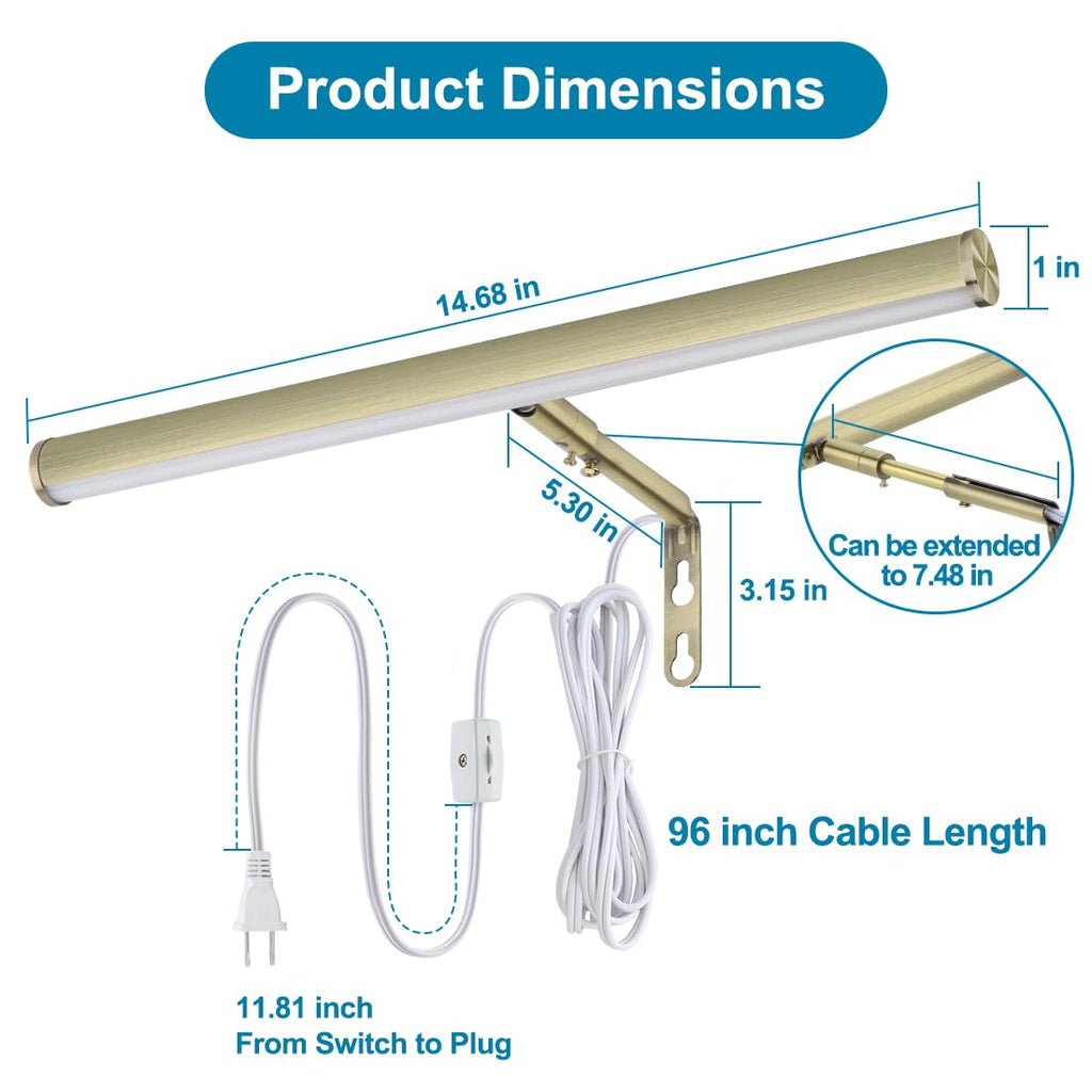 14 inch Plug in LED Picture Lights for Wall, Antique Brass