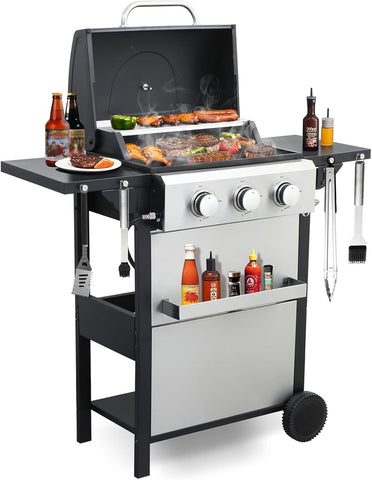 3-Burner Propane Gas Grill, 36,900 BTU Stainless Steel Cabinet Grill with Wheels, Wire Rack, and Foldable Side Tables for Outdoor Patio BBQ (Silver)