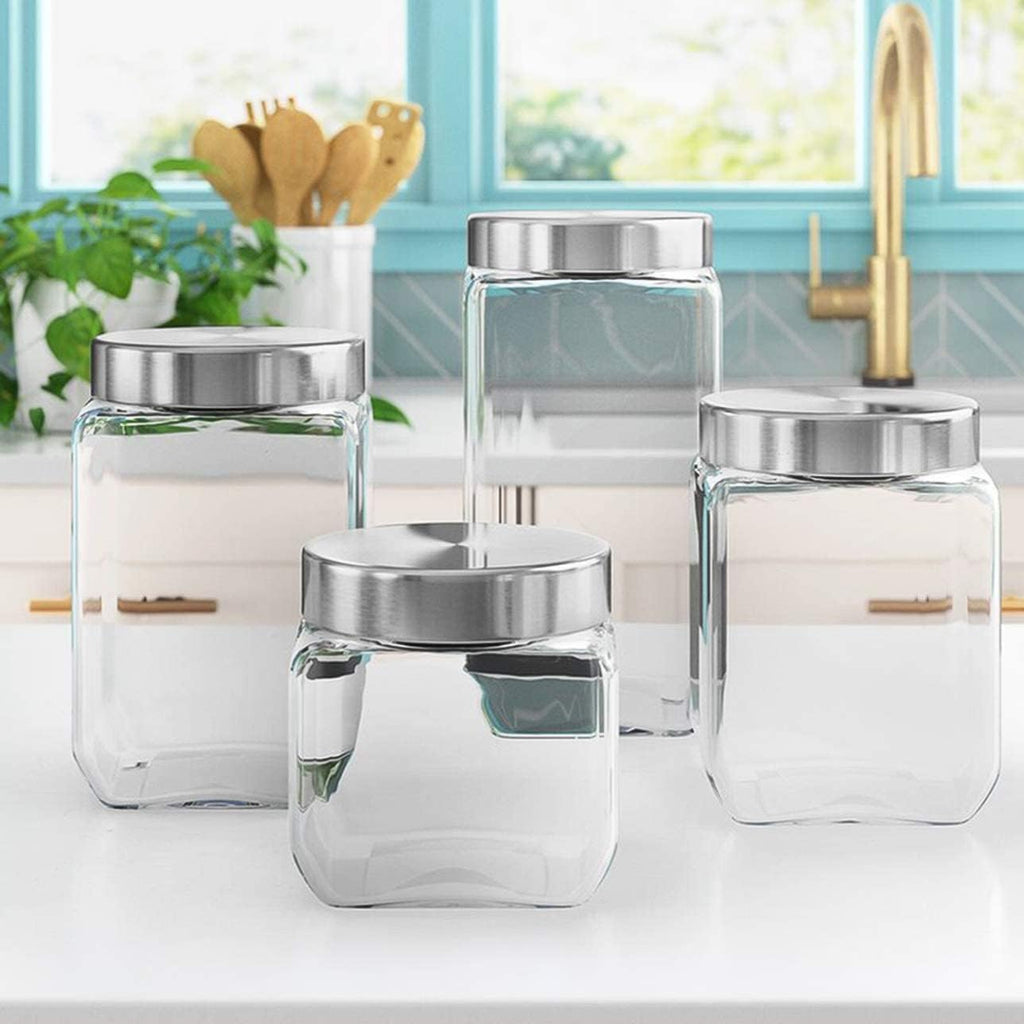 Square Glass Cookie Jars with Airtight Lids + Marker & Labels, Canister Sets Counter or Bathroom - Food Storage - Set of 4