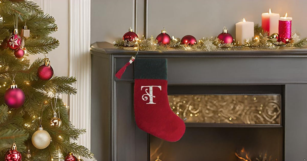 Red and Green Velvet Rhinestone Monogram Christmas Stocking - T