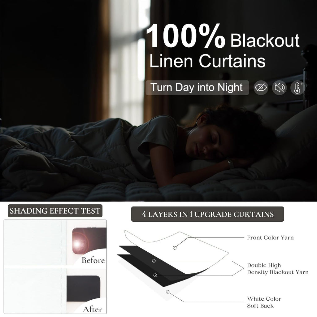 Elegant 100% Blackout White Curtains 144 Inch Long Extra Wide Large 12ft Length Lightweight Linen Textured Thermal