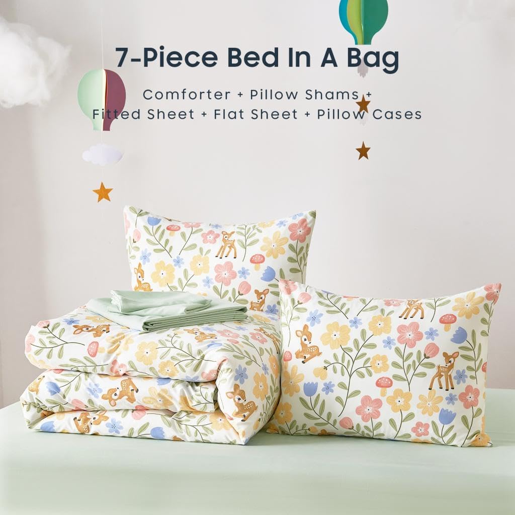 Floral Bedding Set for Girls, Cute Colorful Botanical Flowers Deers Patterned Soft Lightweight Comforter Set with