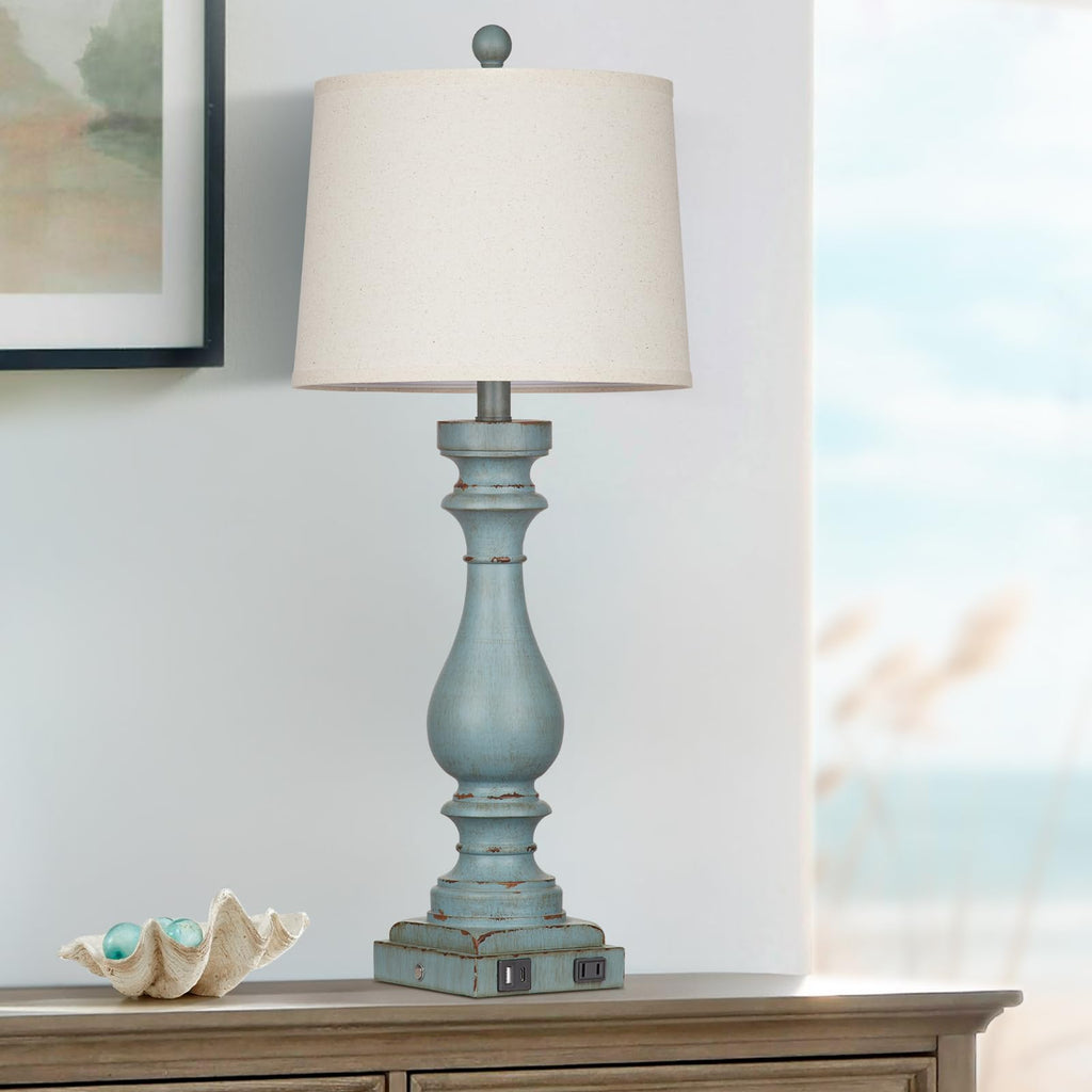 29" Tall Coastal Lamp, Retro-Blue Vintage Bedside Nightstand Lamps with USB Charging Ports A/C, 3-Way Dimmable Touch
