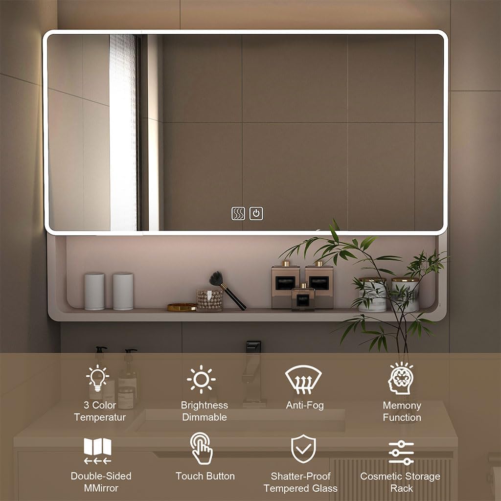 Bathroom Medicine Cabinet with Mirror and LED Lights, Wall Mounted Aluminum Medicine Cabinet with Storage and