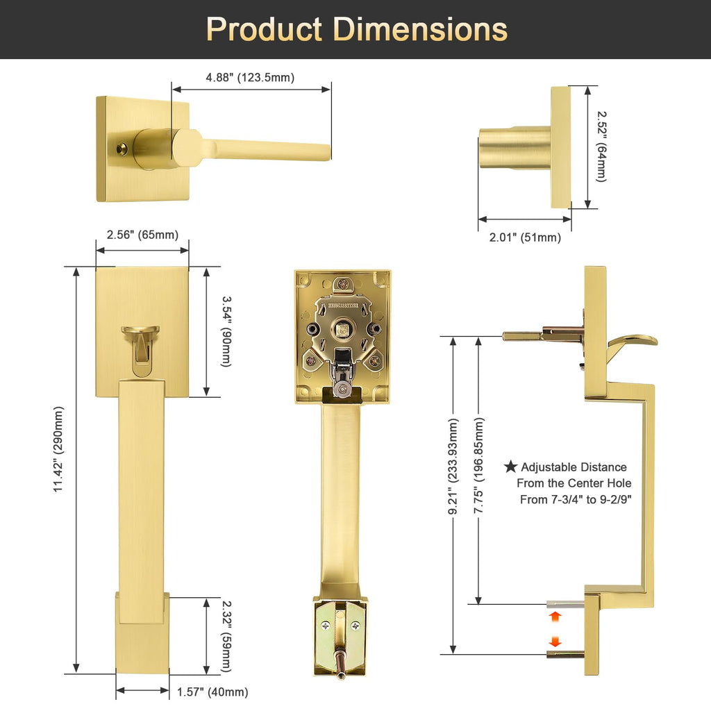 Gold Front Door Handle Set, Single Cylinder Front Door Handle Only, Gold Entry Handleset, Reversible for Right and